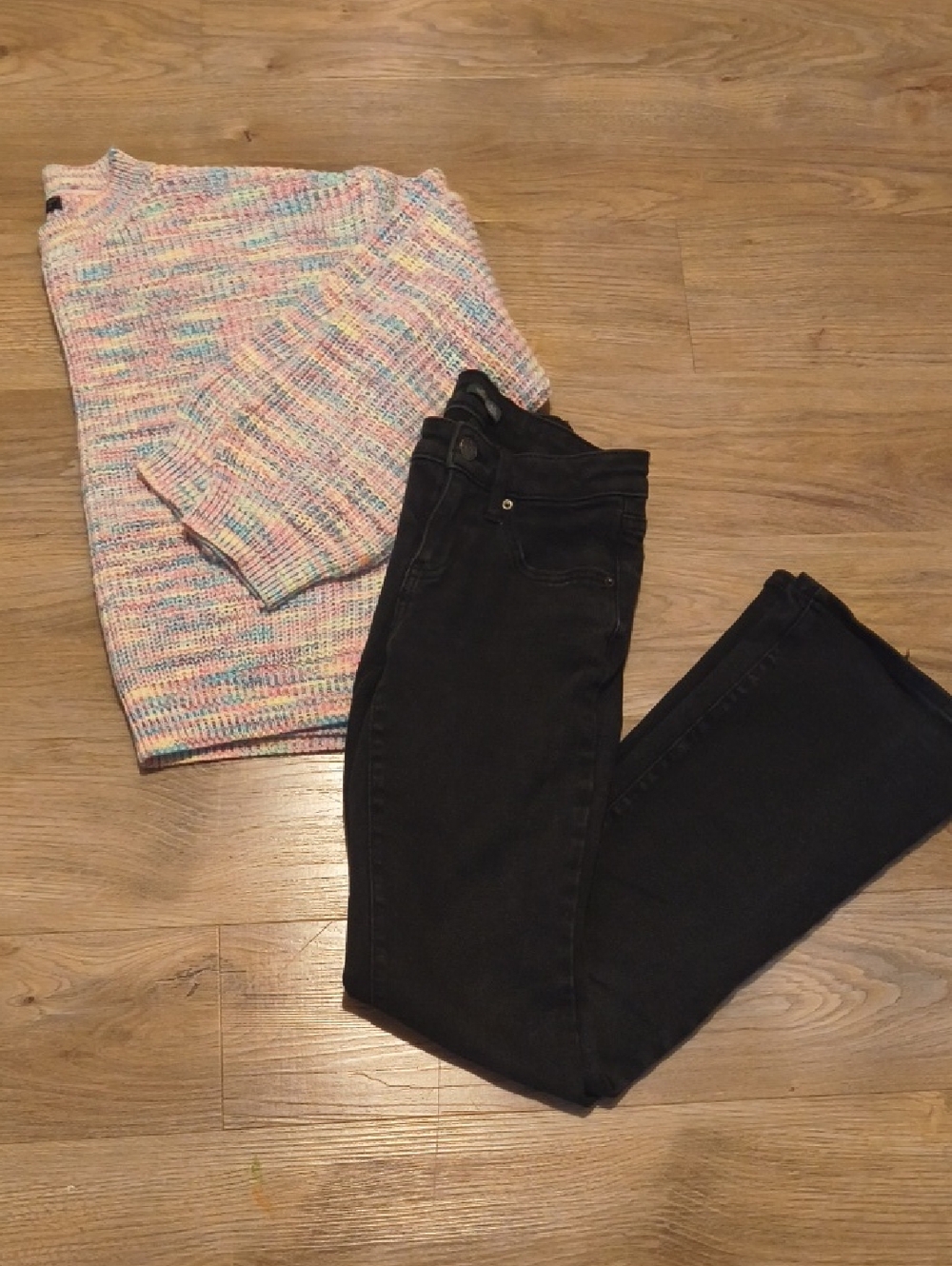 Multicolor Pastel Knit Sweater And Black Flare Jeans